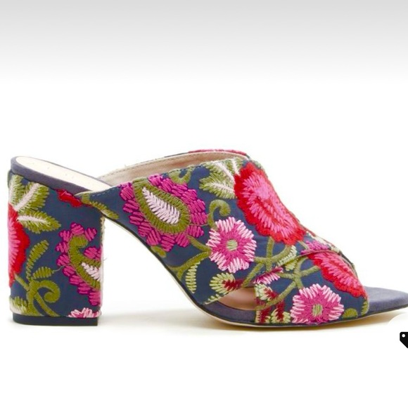 Sole Society Embroidered Mules Luella Slip On Sandals Chunky Block Heels - Picture 1 of 9